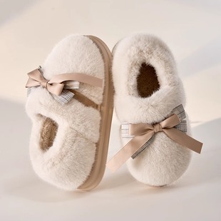 冬季可爱蝴蝶结包跟棉拖鞋女室内家居月子鞋防滑厚底毛绒保暖棉鞋