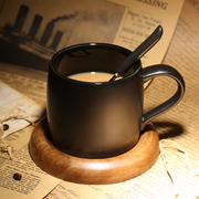 咖啡厅磨砂马克杯带勺黑色咖啡杯，带盖创意简约陶瓷办公室水杯子