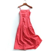 x305纯色镂空褶皱显瘦修身方领无袖吊带裙夏季温柔风女连衣裙