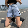 浅色排扣牛仔短裤2021夏季新版韩版高腰刺绣，爱心阔腿哈伦热裤