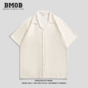 BMOB镂空短袖夏季男高级感衬衫休闲古巴领日系潮牌复古纯色潮衬衣