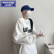 wassup candy白色长袖T恤男春秋季字母印花卫衣青少年潮流打底衫