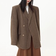 2023秋季英伦风棕色复古条纹小西服中长款宽松质感西装外套女