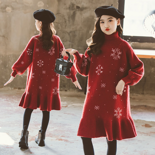 韩国童装女童高领毛衣裙(毛，衣裙)儿童连衣裙宝宝，针织衫雪花裙子中长款洋气