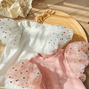 韩版女童装彩色波点泡泡袖网纱短袖衫2023夏季宝宝拉架棉T恤