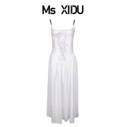 Ms XIDU 2023坏品味新中式刺绣棉质长款露背吊带度假连衣裙夏