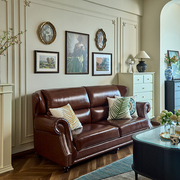 法式轻复古沙发实木组合美式真皮艺小户型客厅焦糖色单双三人位