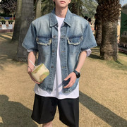 夏季韩版水洗做旧牛仔衬衫，男短袖休闲宽松潮牌衬衣外套薄款