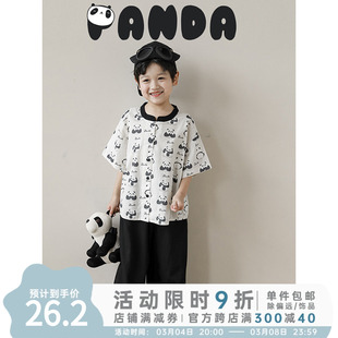 幼悠夏季儿童熊猫星人数码印花撞色圆领衬衫男童休闲裤子两件套潮