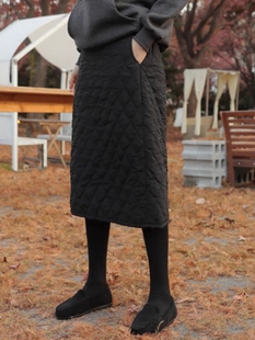 韩版休闲菱格加厚高腰半身裙，2023冬季百搭过膝中长款夹棉裙子女