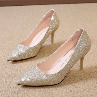 香槟金银色高跟鞋女2024年细跟中跟7cm仙女水晶伴娘，礼服新娘婚鞋5