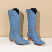 40-43欧美外贸跨境大码女靴金属铆钉牛仔布，粗跟西部靴高筒靴h342