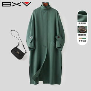 BXV绿色立领风衣女中长款2024春季高级感气质休闲长过膝外套