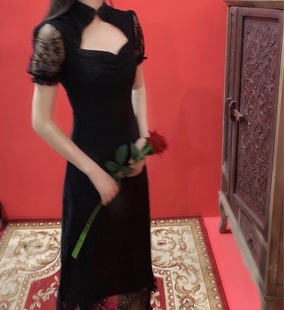 晚时光复古显瘦黑色花朵，蕾丝短袖旗袍裙优雅盘扣连衣裙