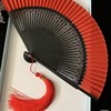 急速中国风雕花古风大红色夏季摺叠扇子摺扇子红黑真丝纯色舞