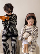 童套装2023冬男女童韩版条纹毛巾绣家居服两件套儿童，休闲加厚睡衣