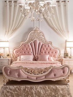 法式公主床雕花床，欧式双人布床，美式1.8米大床实木床粉色宫廷婚床