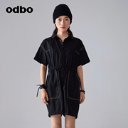 odbo/欧迪比欧原创设计明线装饰收腰黑色连体裤女显瘦连身短裤