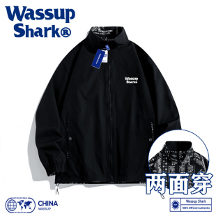 wassupshark双面穿外套，男春秋季潮牌情侣，冲锋衣运动宽松立领夹克