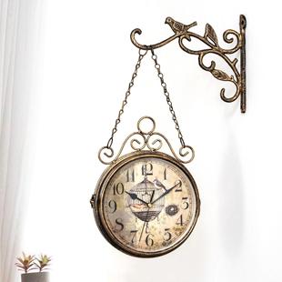 客厅挂钟钟表创意双面欧式时钟复古美式静音装饰简约铁艺钟两面小