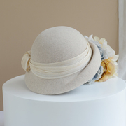 帽子女秋冬法式羊毛呢，贝雷帽复古优雅盆帽真丝麻短檐卷边礼帽