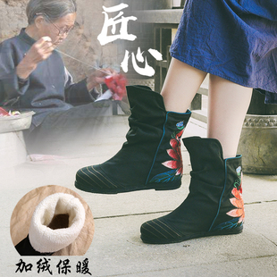 老北京布鞋女冬季棉鞋民族，风靴子绣花鞋，女千层底加绒棉古风布鞋女