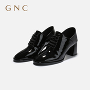 GNC黑色深口单鞋女秋季英伦风小皮鞋软皮免系带粗跟单鞋