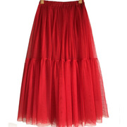 大摆网纱中长款半身裙，蛋糕网纱裙公主裙红色，蓬蓬裙荷叶边裙