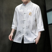 新中式龙纹刺绣短袖衬衫男夏季薄款冰丝七分袖潮牌中国风唐装衬衣