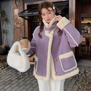 紫色羊羔绒外套女短款冬季皮毛一体，复合鹿皮绒小个子韩系加厚棉衣