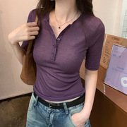 紫色V领短袖t恤女装夏季2024欧货修身针织打底衫黑色短款上衣
