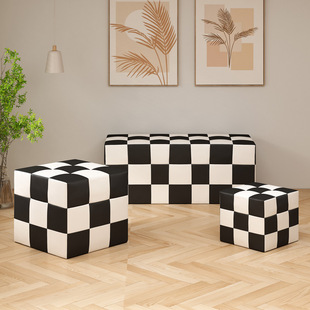 魔方凳创意长方形门口换鞋凳棋盘格化妆皮凳家用沙发凳黑白格坐墩