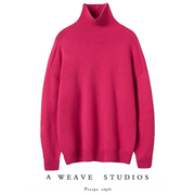 高姿态好货~耀眼的一件玫红色羊绒衫高领毛衣宽松套头羊绒针织衫