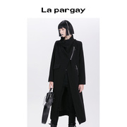 Lapargay纳帕佳女装黑色上衣外套时尚复古洋气长袖加厚长风衣