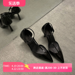 韩版尖头高跟鞋女细跟2024年设计感小众黑色丁字女夏真皮女鞋