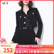 aui黑色工装气质短外套，百褶半身裙套装女2023秋季职业两件套