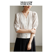 shallowstreams氧气v领珍珠，扣白衬衫女短款夏季通勤职业面试上衣