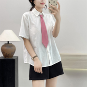惠衣阁夏季女棉质短袖衬衫领带衬衣韩版甜美学院风衬衣学生上衣