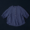 西河自制原创立领亚麻，上衣七分袖水洗，宽松休闲套头衬衫