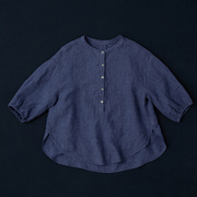 西河自制原创立领亚麻上衣七分袖水洗宽松休闲套头衬衫