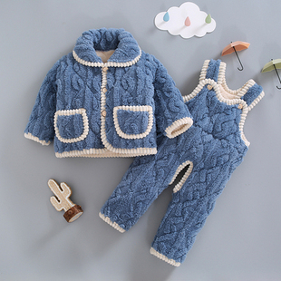 婴儿棉衣加厚睡衣冬季套装2-3岁翻领宝宝冬装加绒棉袄小童家居服
