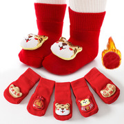 宝宝袜子秋冬四季纯棉，保暖虎年新年袜，防滑学步地板袜新生儿红色袜