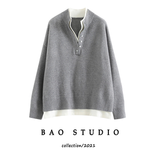 BAO STUDIO设计感白色内领假两件毛衣秋季宽松女士针织上衣