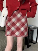 复古红色格子毛呢半身裙，女秋冬格纹小个子短裙，包裙高腰a字包臀裙
