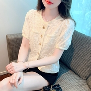 KATTERLLG高级感蕾丝雪纺衫2024年韩版气质时尚短袖短外套夏季白