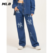 mlb牛仔长裤女款秋季女装复古老花系列，时尚靛蓝色宽松休闲裤