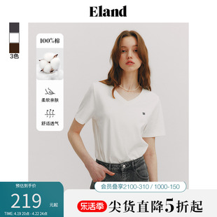 Eland衣恋圆领短袖T恤女LOGO刺绣小开叉下摆纯棉上衣2024夏季