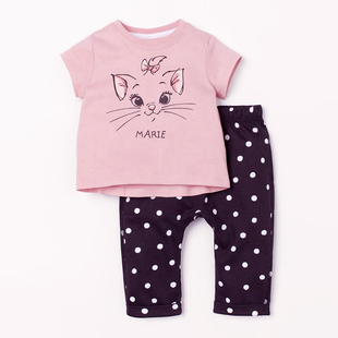 女童猫咪粉红色短袖T恤纯棉打底裤子两件套宝宝夏季套装小童体恤