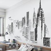 大型创意城市贴画客厅卧室背景墙面装饰贴纸黑白墙壁建筑墙纸自粘
