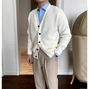 摩摹男装高档纯色开衫男英伦，复古纯色针织衫，外套白色休闲v领毛衣
